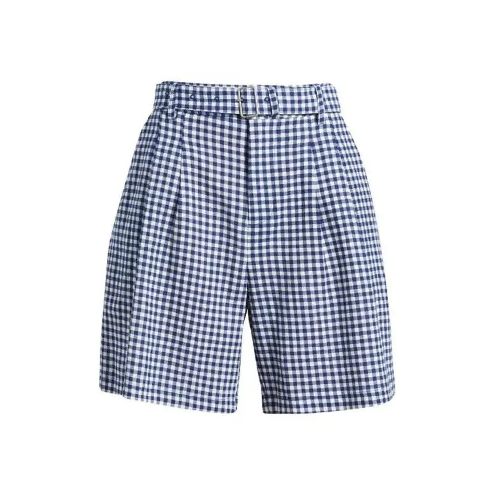 New Avec Les Filles Gingham‎ Linen Blend Belted Shorts Navy Blue White Size 8